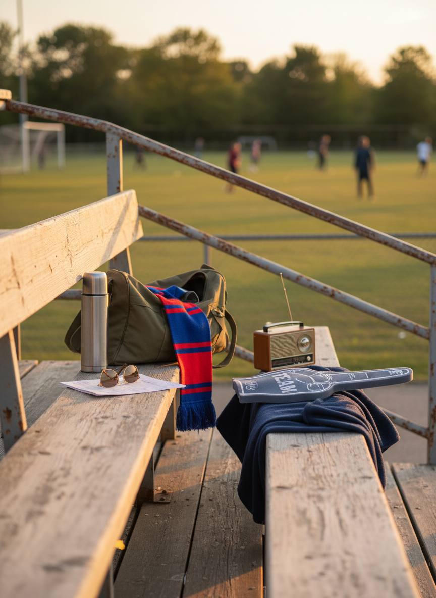A pair of weathered wooden bleachers overlooking a casual community field at golden hour, captured in vivid photographic realism. On one bench sits an open canvas duffel spilling out a loosely rolled team scarf, a pair of sunglasses, a stainless-steel thermos, and a crumpled scorecard. Nearby, a fleece blanket is half-folded, as if just vacated, with a foam finger and a small radio resting on top. The low sun casts a warm, amber glow, creating long, soft shadows across the worn planks and scuffed metal railings. Shot at eye level with a shallow depth of field, the field and background blur into soft greens and golds. The mood is energetic yet low-pressure, celebrating the fun of simply showing up courtside or in the stands.