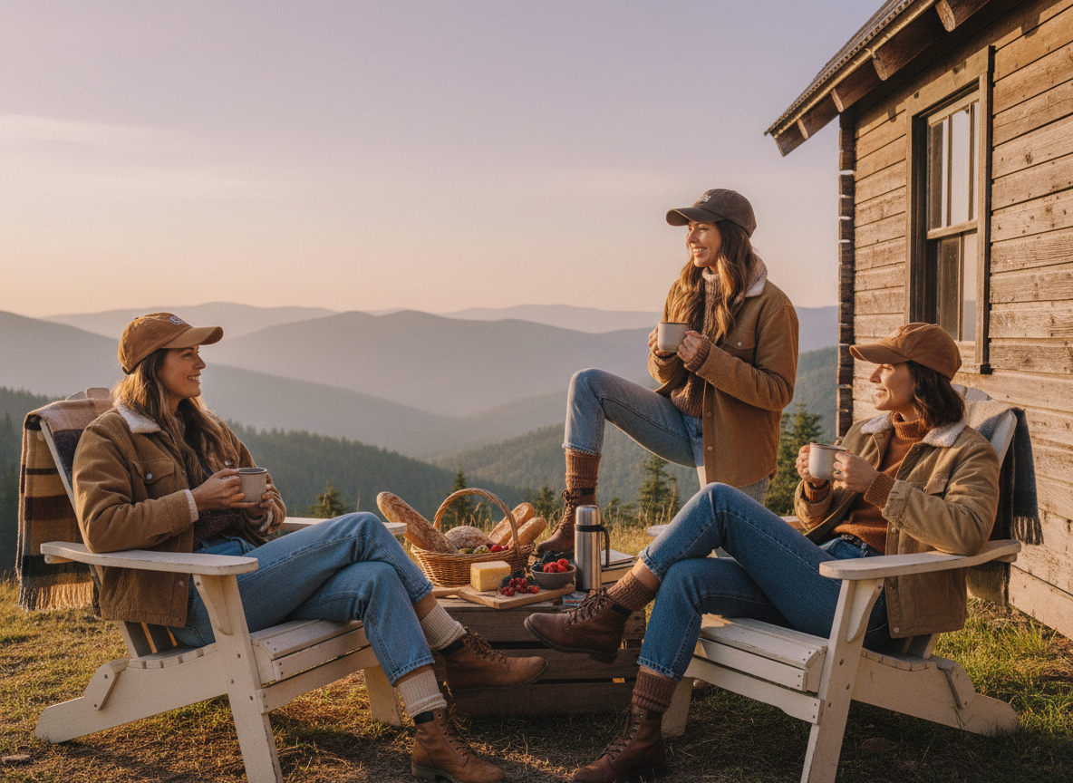 Candid editorial photograph of female friends spending an afternoon outside a mountain cabin, sitting in Adirondack chairs with coffee and snacks, mountains in the distance, relaxed casual layers, vintage baseball caps, warm late-afternoon light.