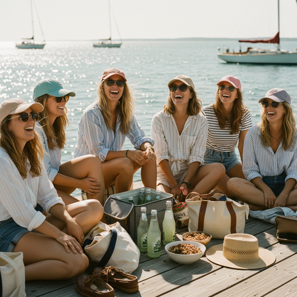 Editorial lifestyle photograph of women spending a summer afternoon on a sailboat or dock, relaxed with sunglasses, baseball caps, striped shirts and casual shorts, sparkling water behind them, drinks and snacks nearby. Candid laughter, windblown hair, sun-faded coastal feeling.