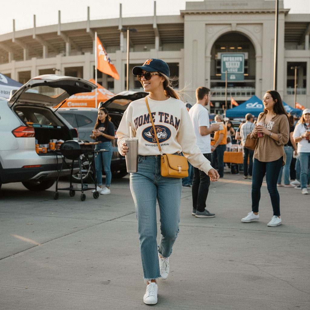 Stylish female sports fan getting ready for game day outside a stadium, wearing jeans, vintage-inspired team-color sweatshirt, baseball cap and sunglasses, carrying a small crossbody bag and drink. Tailgate atmosphere in background, friends nearby, candid movement.