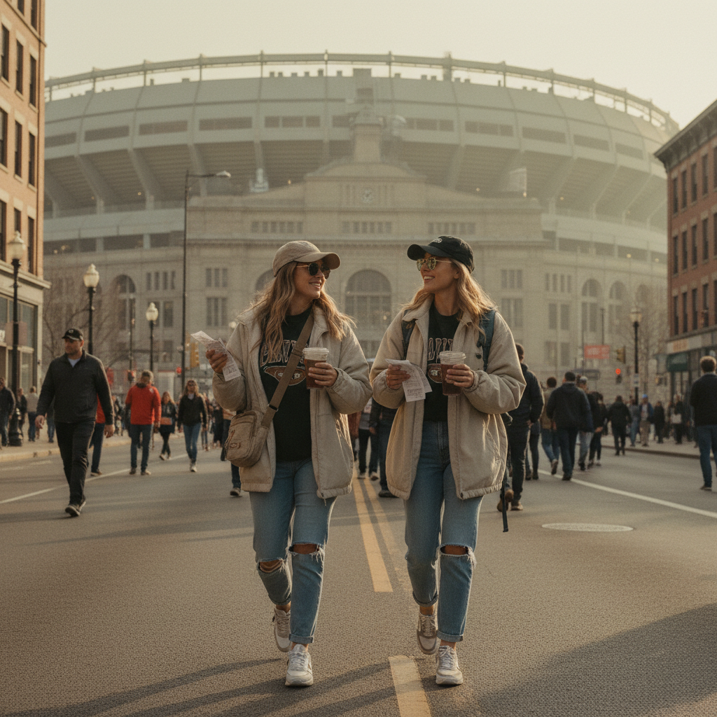 Two female friends walking through a city toward a sporting event, stadium visible in distance, small bags, caps, sunglasses and casual layered outfits, tickets or drinks in hand.