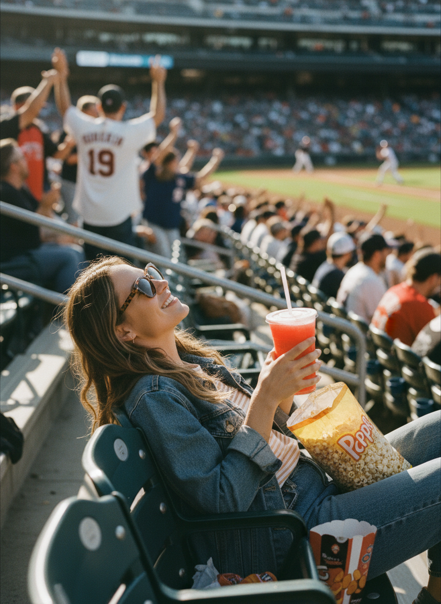 Woman sitting comfortably in stadium bleachers surrounded by an energetic crowd, holding a large drink and snacks, sunglasses on, completely relaxed while the game happens behind her. Shot on 35mm film, slight grain, warm faded natural colors, candid and authentic.